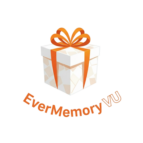 Make profile image wit gift and text "EverMemory VU" witg white, orange color